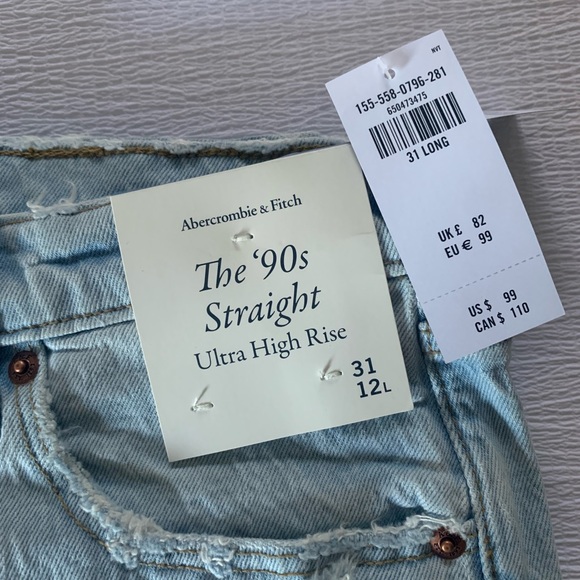 NWT Abercrombie & Fitch 90s Ultra High Rise Straight Jeans. 31L. - Picture 7 of 10